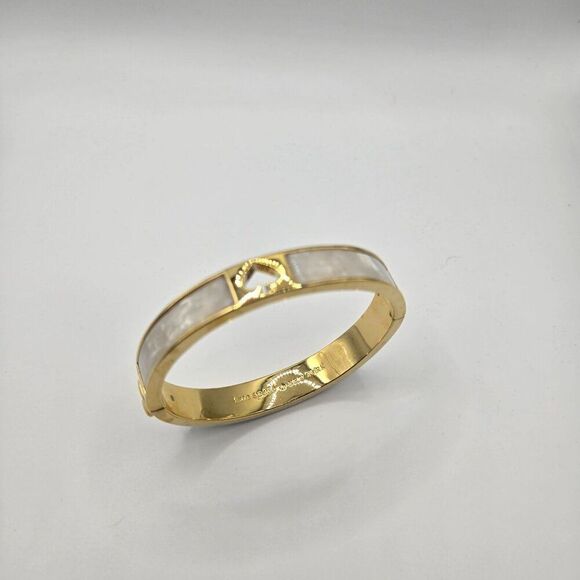 Kate Spade Gold-Tone Bangle Bracelet Mother Of Pearl Inlay Punch Spade - Picture 4 of 7